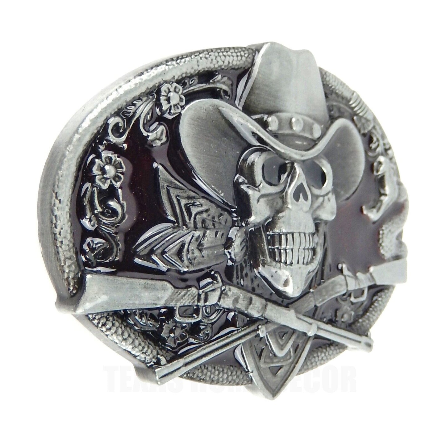 Dead Cowboy Belt Buckle Skull Guns Rattlesnake Red Enamel Inlay Fits 1.5" Belts
