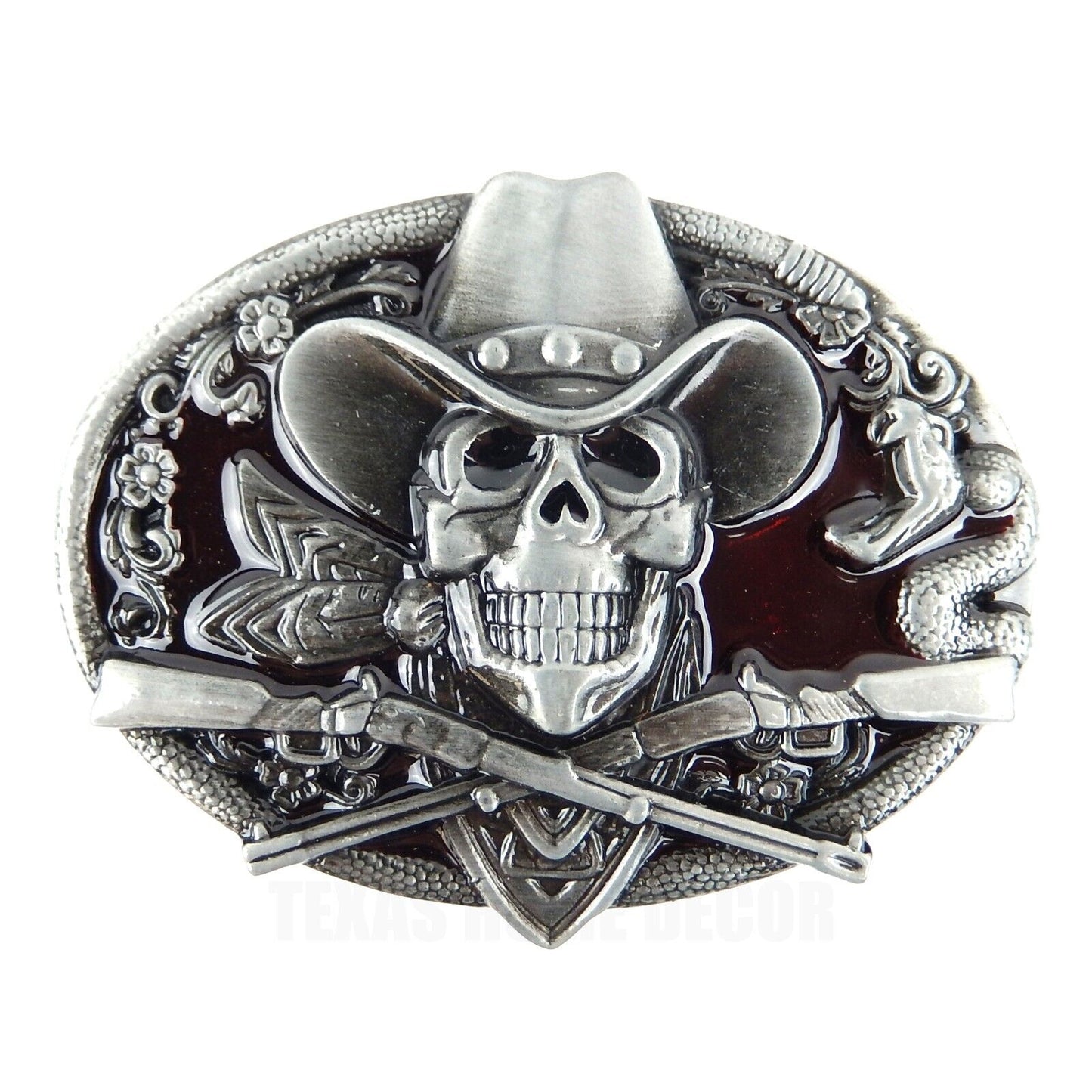 Dead Cowboy Belt Buckle Skull Guns Rattlesnake Red Enamel Inlay Fits 1.5" Belts