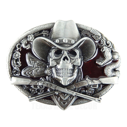Dead Cowboy Belt Buckle Skull Guns Rattlesnake Red Enamel Inlay Fits 1.5" Belts