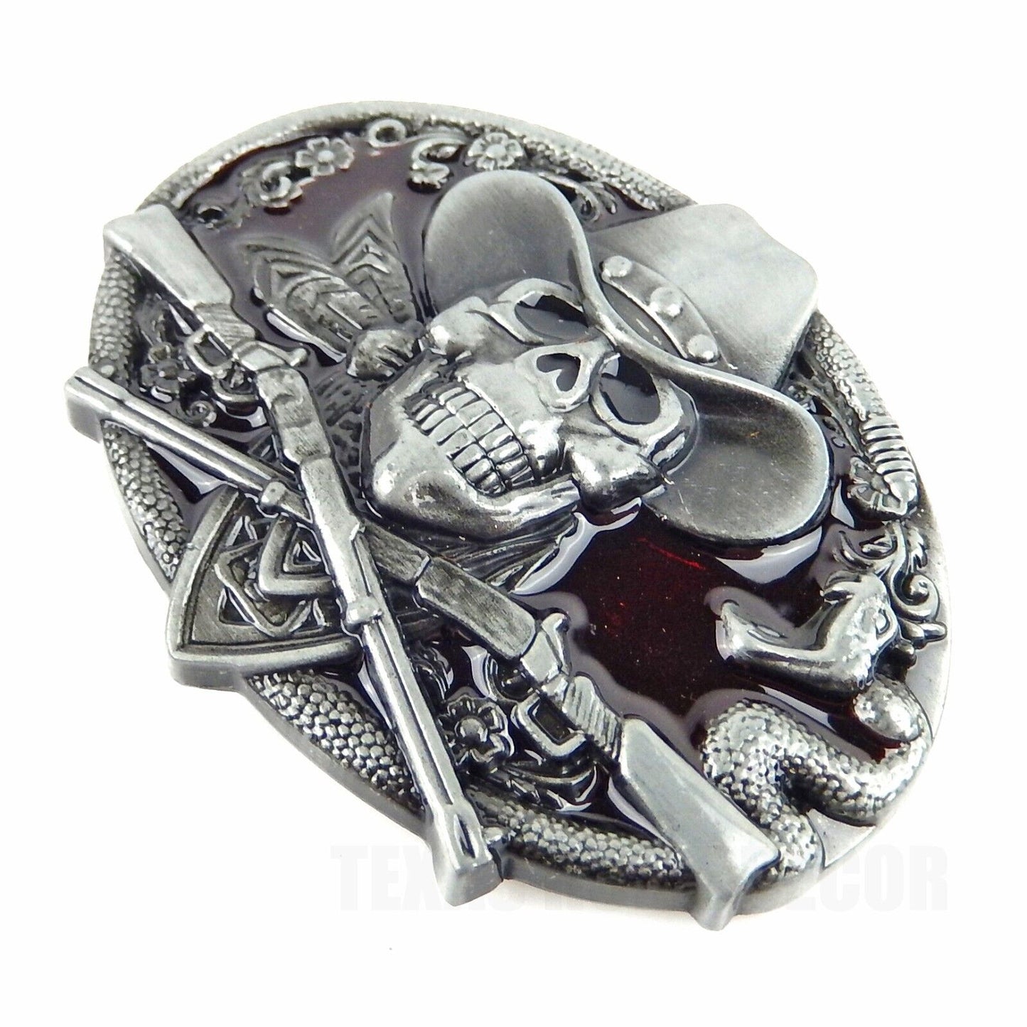 Dead Cowboy Belt Buckle Skull Guns Rattlesnake Red Enamel Inlay Fits 1.5" Belts