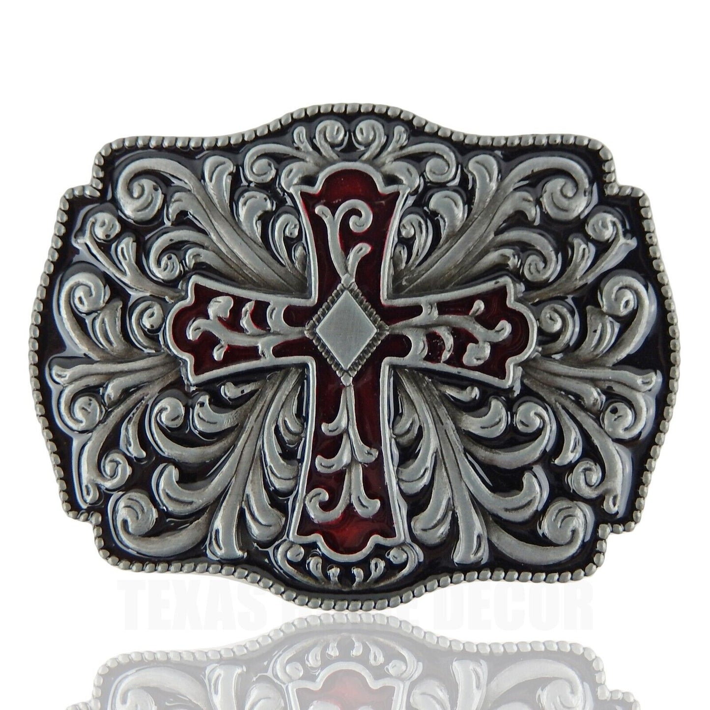 Floral Cross Belt Buckle Antique Silver Tone Fits 1.5" Belts Red Black Enamel