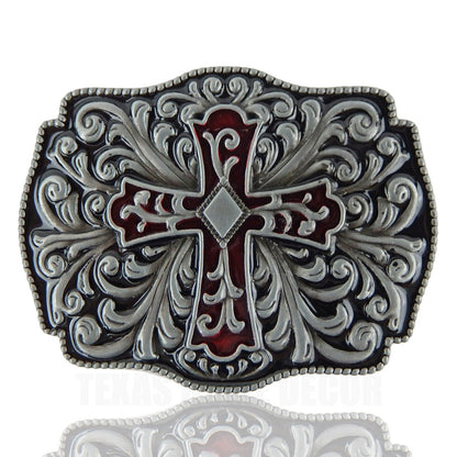 Floral Cross Belt Buckle Antique Silver Tone Fits 1.5" Belts Red Black Enamel