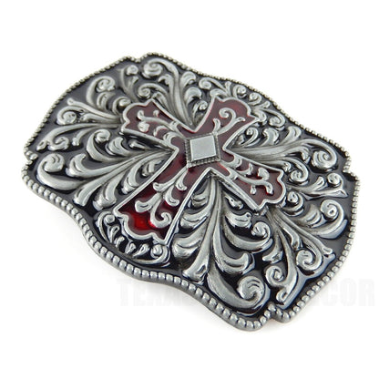 Floral Cross Belt Buckle Antique Silver Tone Fits 1.5" Belts Red Black Enamel