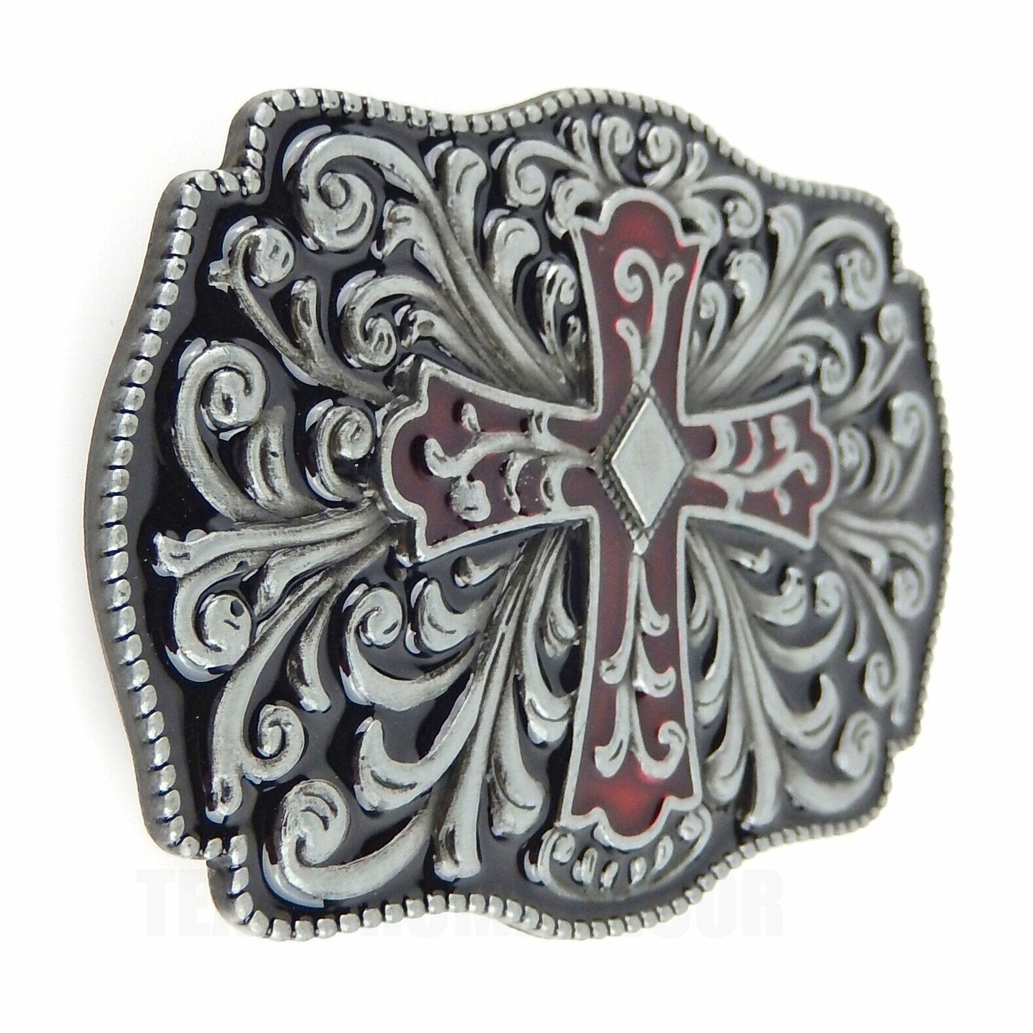 Floral Cross Belt Buckle Antique Silver Tone Fits 1.5" Belts Red Black Enamel