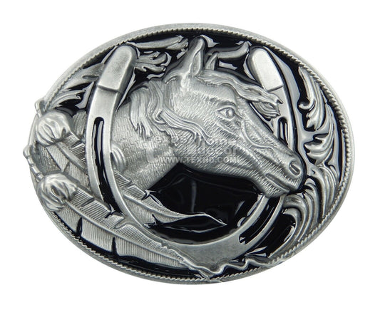 Men's Horse Head Horseshoe Belt Buckle Silver Black Enamel Fits 1.5" Belts