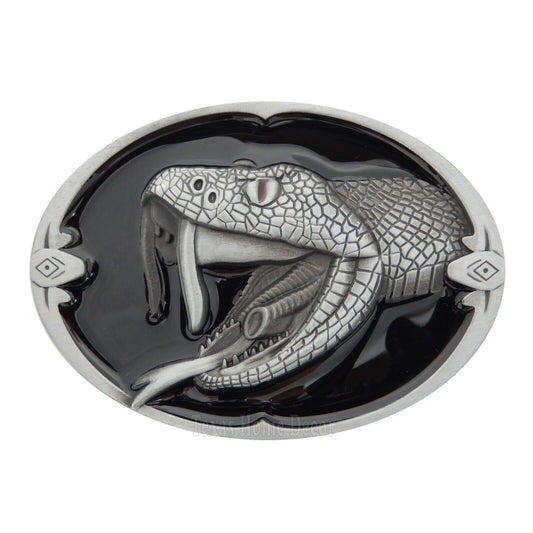 Rattlesnake Belt Buckle Viper Fangs Antique Silver Black Enamel Fits 1.5" Belt