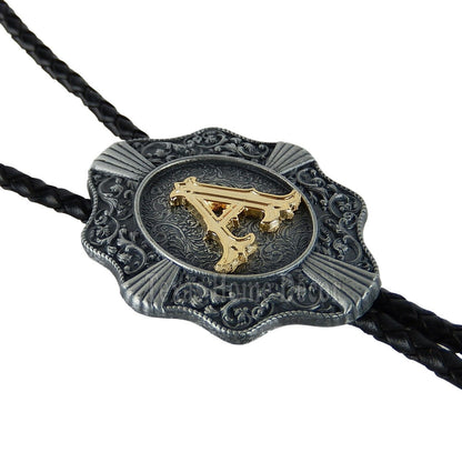 Initial Letter "A" Bolo Tie Western 38" Genuine Leather Cord Detailed Tips