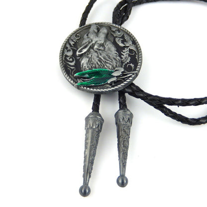 Howling Wolf Bolo Tie Silver Tone 42" Leather Cord Color Enamel Detailed Tips