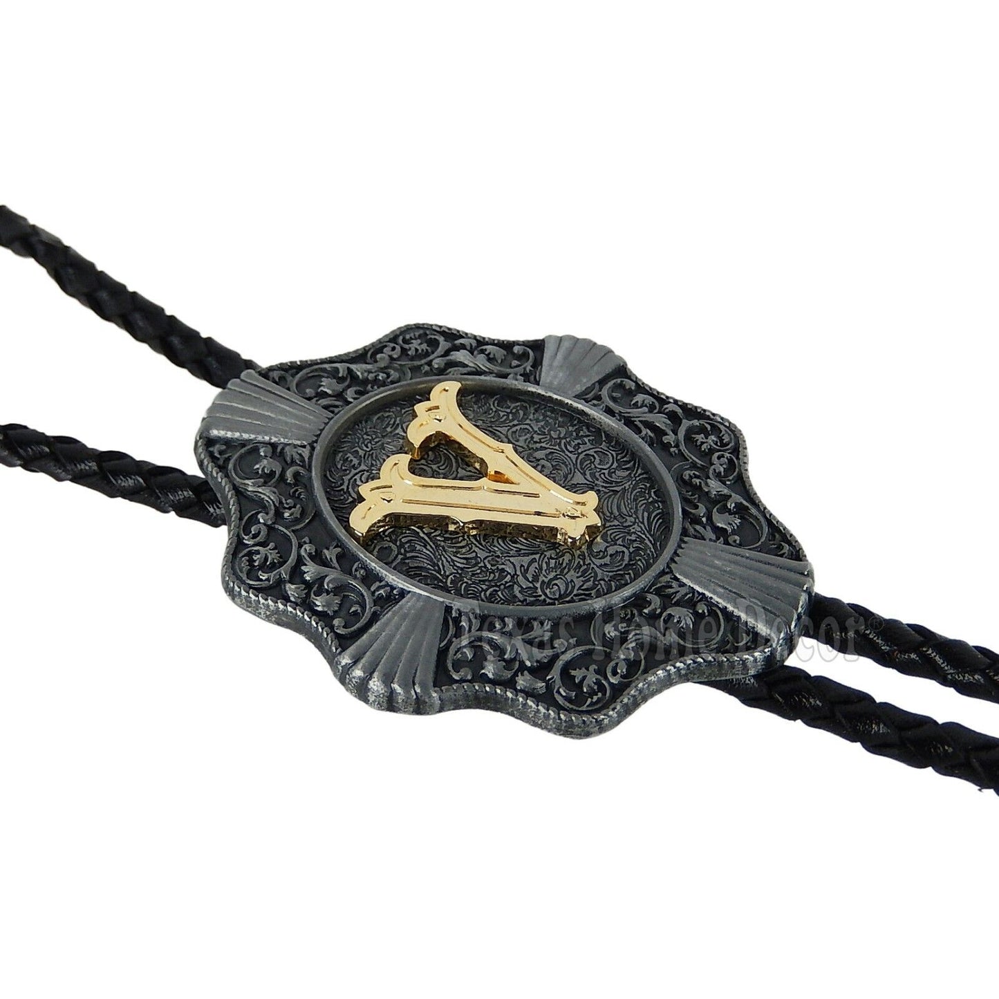 Initial Letter "V" Bolo Tie Western 38" Genuine  Leather Cord Detailed Tips