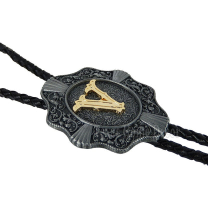 Initial Letter "V" Bolo Tie Western 38" Genuine  Leather Cord Detailed Tips