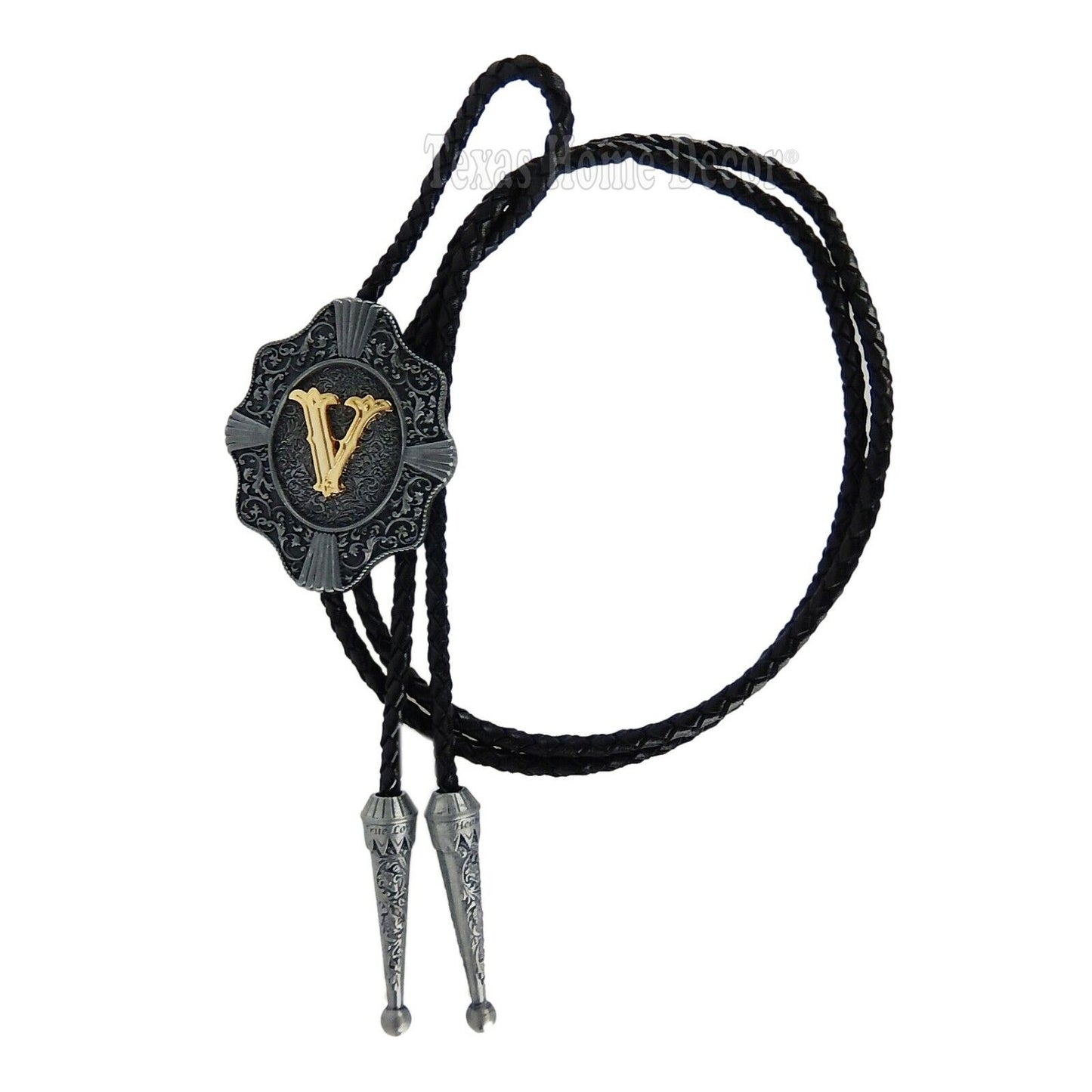 Initial Letter "V" Bolo Tie Western 38" Genuine  Leather Cord Detailed Tips