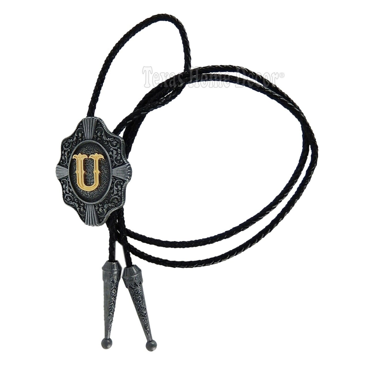 Initial Letter "U" Bolo Tie Western 38" Genuine Leather Cord Detailed Tips