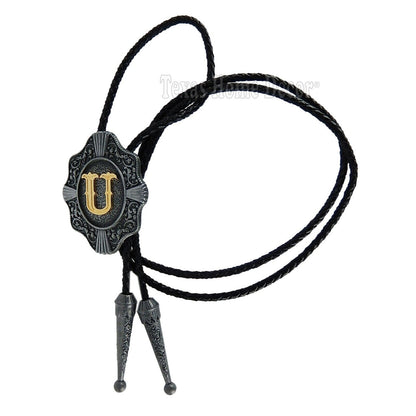 Initial Letter "U" Bolo Tie Western 38" Genuine Leather Cord Detailed Tips