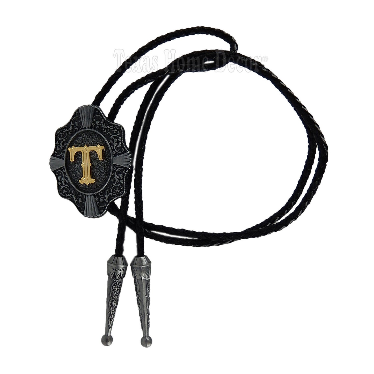 Initial Letter "T" Bolo Tie Western 38" Genuine  Leather Cord Detailed Tips
