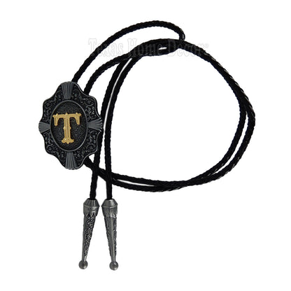 Initial Letter "T" Bolo Tie Western 38" Genuine  Leather Cord Detailed Tips
