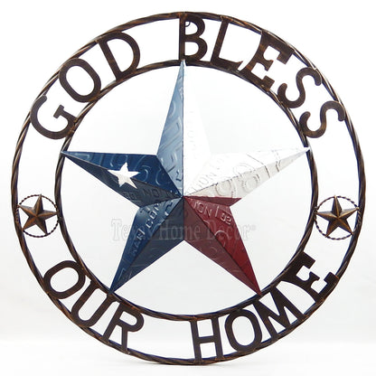 24" God Bless Our Home Barn Star Texas Flag Metal Embossed License Plate Sign