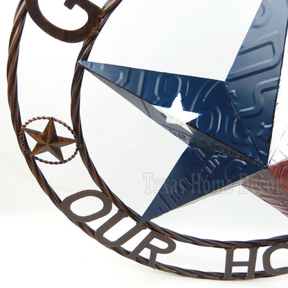 24" God Bless Our Home Barn Star Texas Flag Metal Embossed License Plate Sign