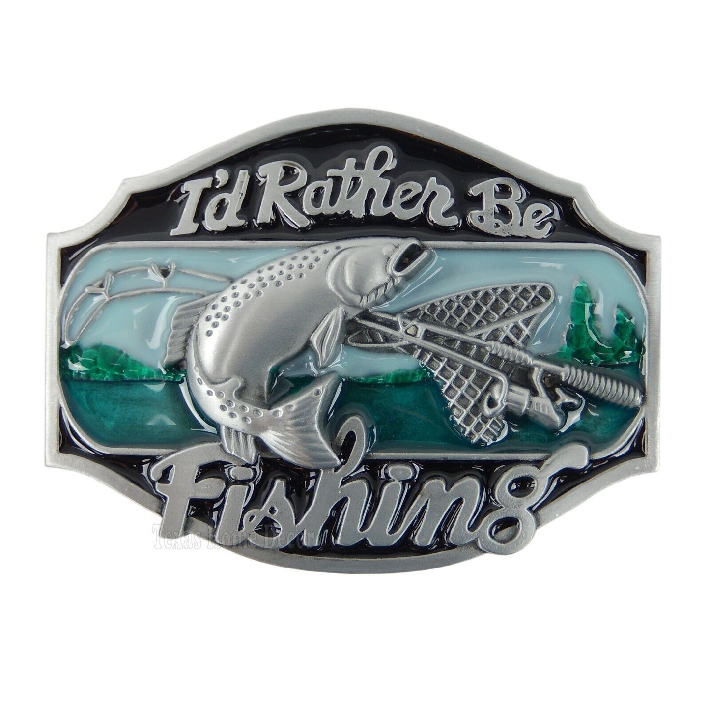 I'd Rather Be Fishing Belt Buckle Antique Silver Enamel Inlay Fits 1.5" Belts