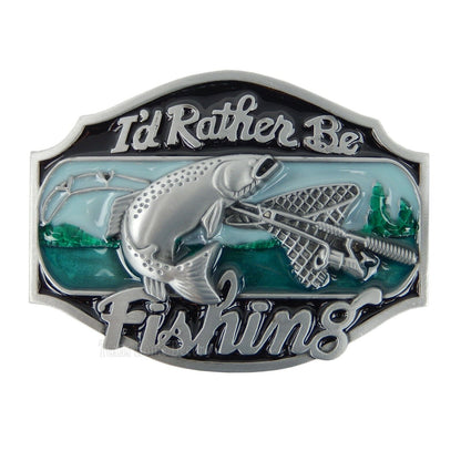 I'd Rather Be Fishing Belt Buckle Antique Silver Enamel Inlay Fits 1.5" Belts