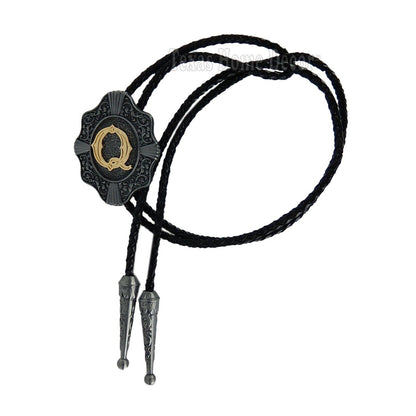 Initial Letter "Q" Bolo Tie Western 38" Genuine Leather Cord Detailed Tips