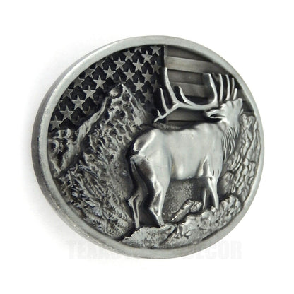 Elk Deer American Flag Belt Buckle USA Hunter Antique Silver Fits 1.5" Belts
