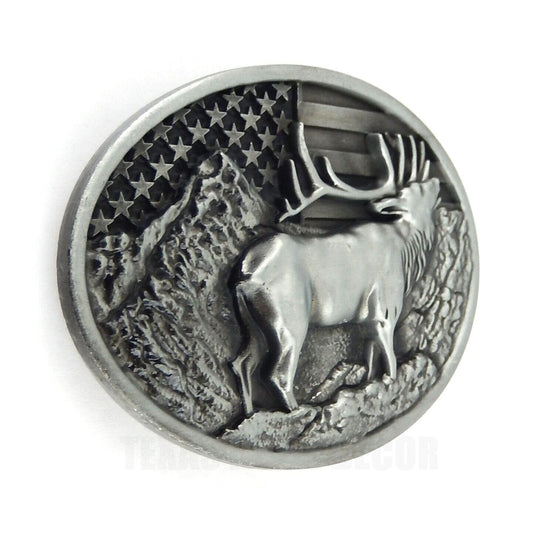 Elk Deer American Flag Belt Buckle USA Hunter Antique Silver Fits 1.5" Belts