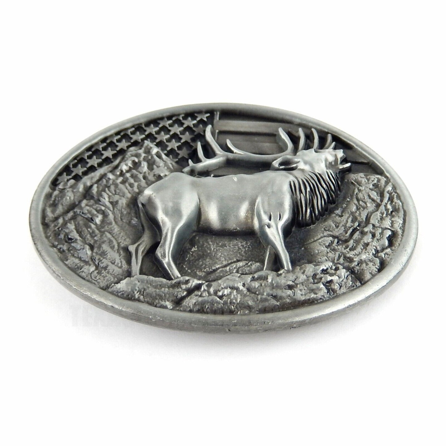 Elk Deer American Flag Belt Buckle USA Hunter Antique Silver Fits 1.5" Belts