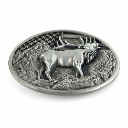 Elk Deer American Flag Belt Buckle USA Hunter Antique Silver Fits 1.5" Belts