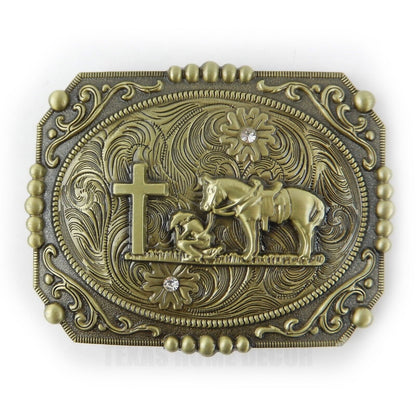 Western Floral Belt Buckle Praying Cowboy Kneeling at Cross Antique Bronze Tone