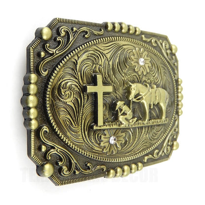 Western Floral Belt Buckle Praying Cowboy Kneeling at Cross Antique Bronze Tone