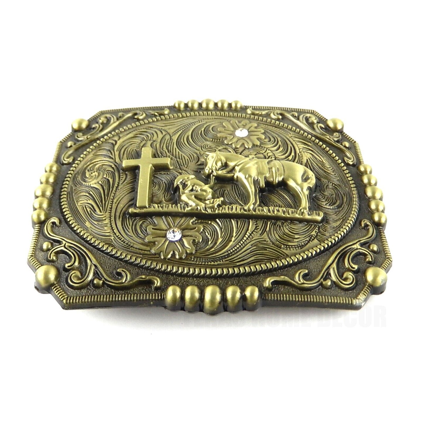 Western Floral Belt Buckle Praying Cowboy Kneeling at Cross Antique Bronze Tone