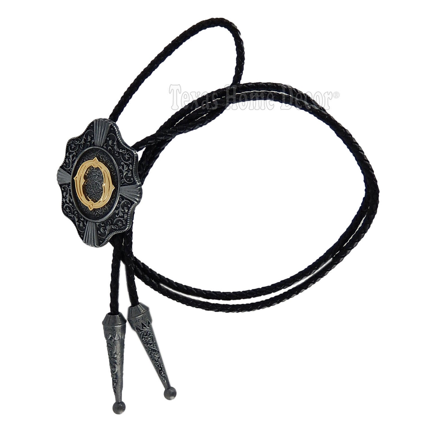 Initial Letter "O" Bolo Tie Western 38" Genuine Leather Cord Detailed Tips