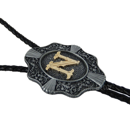 Initial Letter "N" Bolo Tie Western 38" Genuine  Leather Cord Detailed Tips