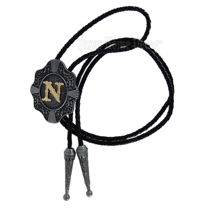 Initial Letter "N" Bolo Tie Western 38" Genuine  Leather Cord Detailed Tips