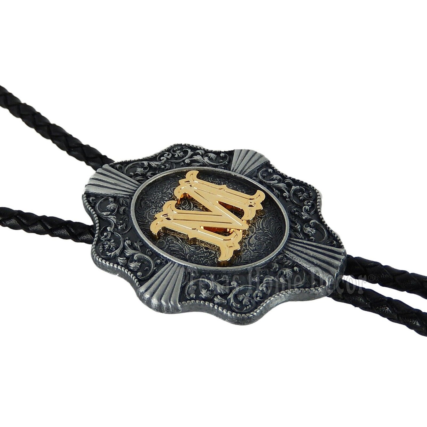 Initial Letter "M" Bolo Tie Western 38" Genuine  Leather Cord Detailed Tips