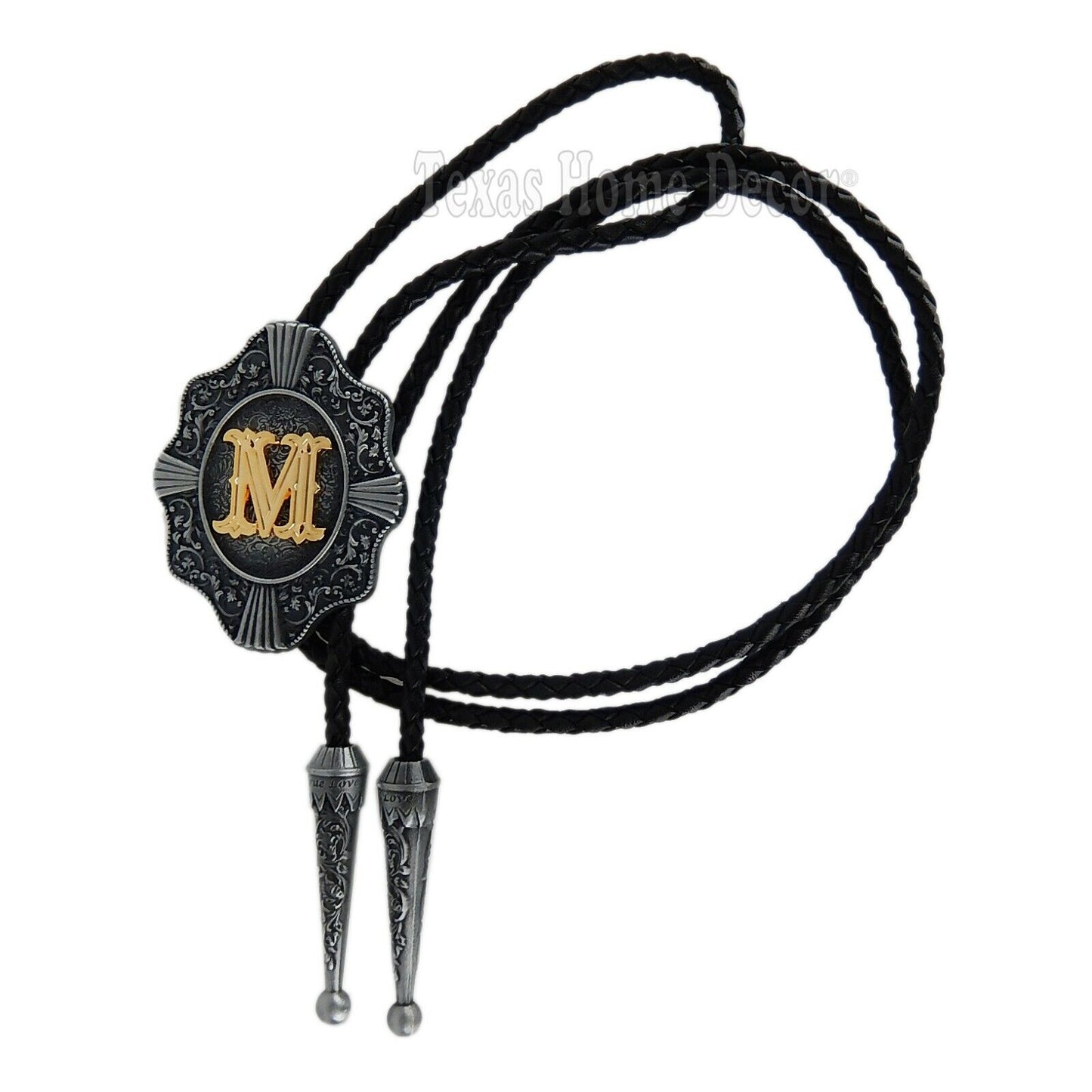Initial Letter "M" Bolo Tie Western 38" Genuine  Leather Cord Detailed Tips