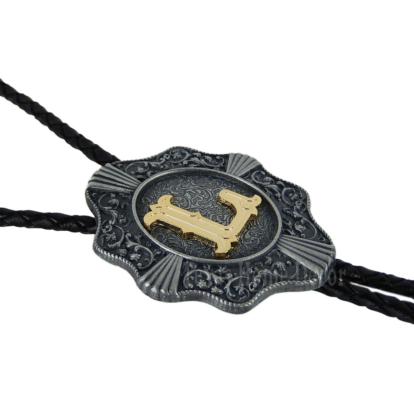 Initial Letter "L" Bolo Tie Western 38" Genuine  Leather Cord Detailed Tips