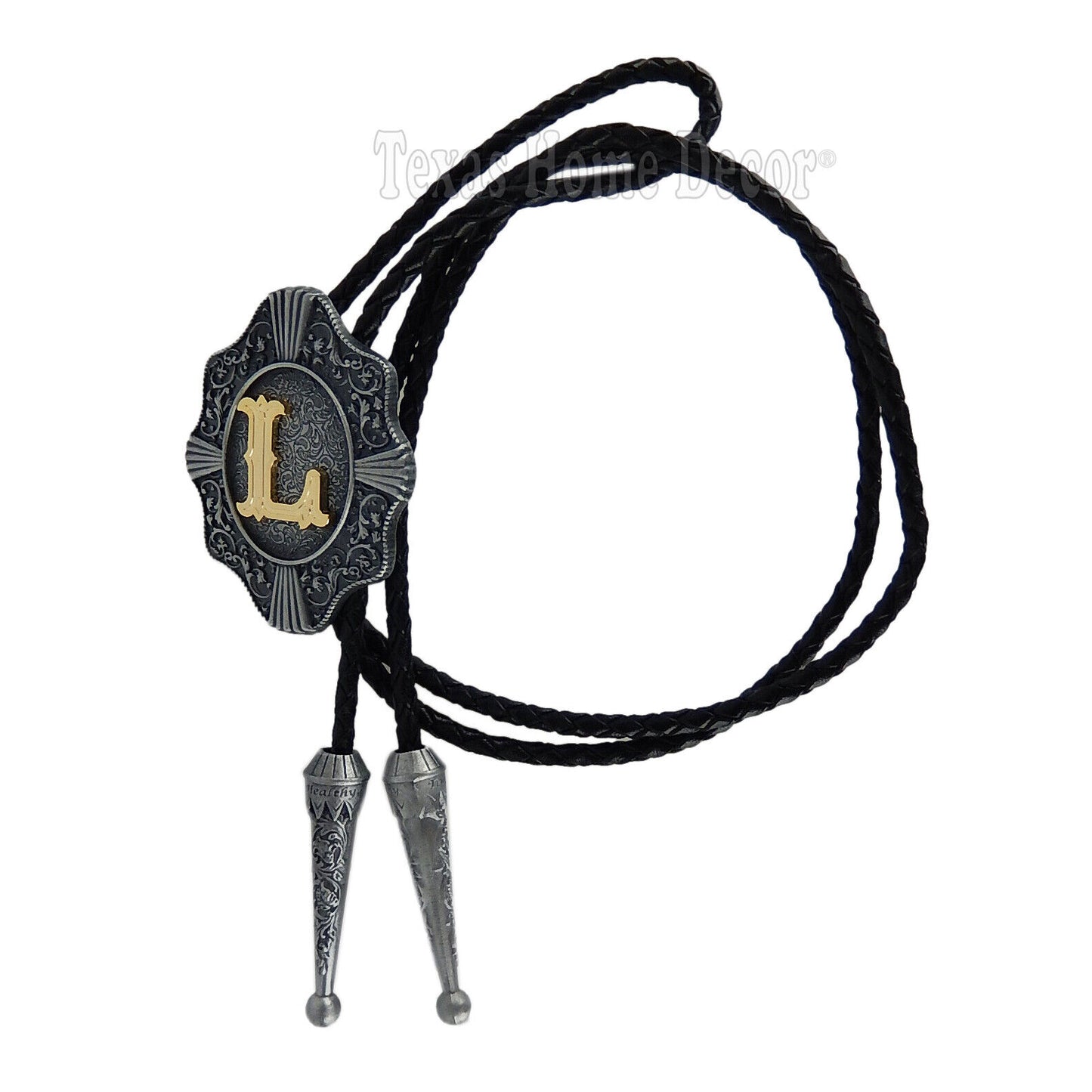 Initial Letter "L" Bolo Tie Western 38" Genuine  Leather Cord Detailed Tips