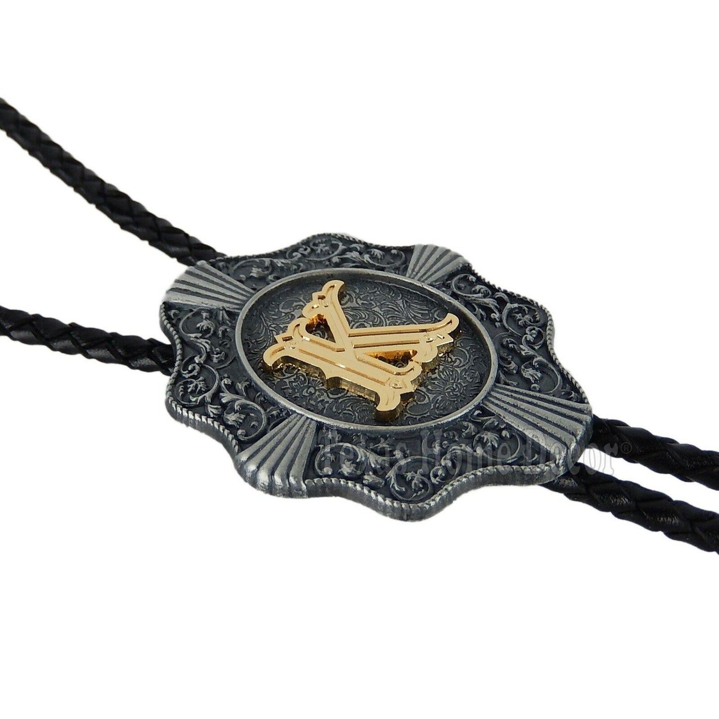 Initial Letter "K" Bolo Tie Western 38" Genuine  Leather Cord Detailed Tips