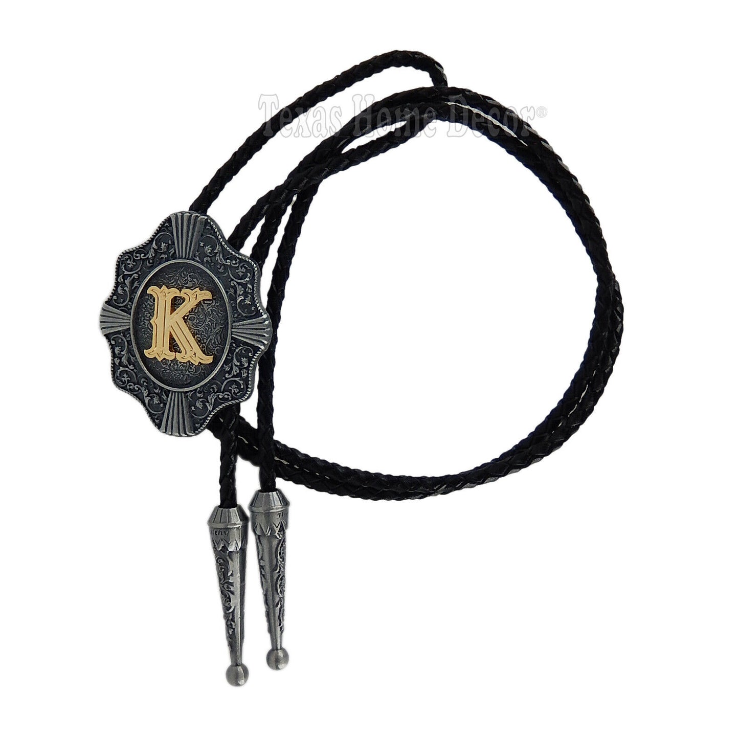 Initial Letter "K" Bolo Tie Western 38" Genuine  Leather Cord Detailed Tips