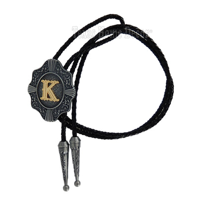 Initial Letter "K" Bolo Tie Western 38" Genuine  Leather Cord Detailed Tips