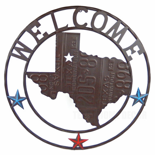 Metal Texas Map Welcome Plaque Sign Rustic Western Wall Decor License Plate 24"