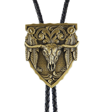 Longhorn Skull Bolo Tie 38" Adjustable Leather Cord Antique Bronze Detailed Tips