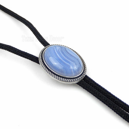 Blue Agate Bolo Tie Oval Stone Real Silver Plated 36" Adjustable Fiber Cord