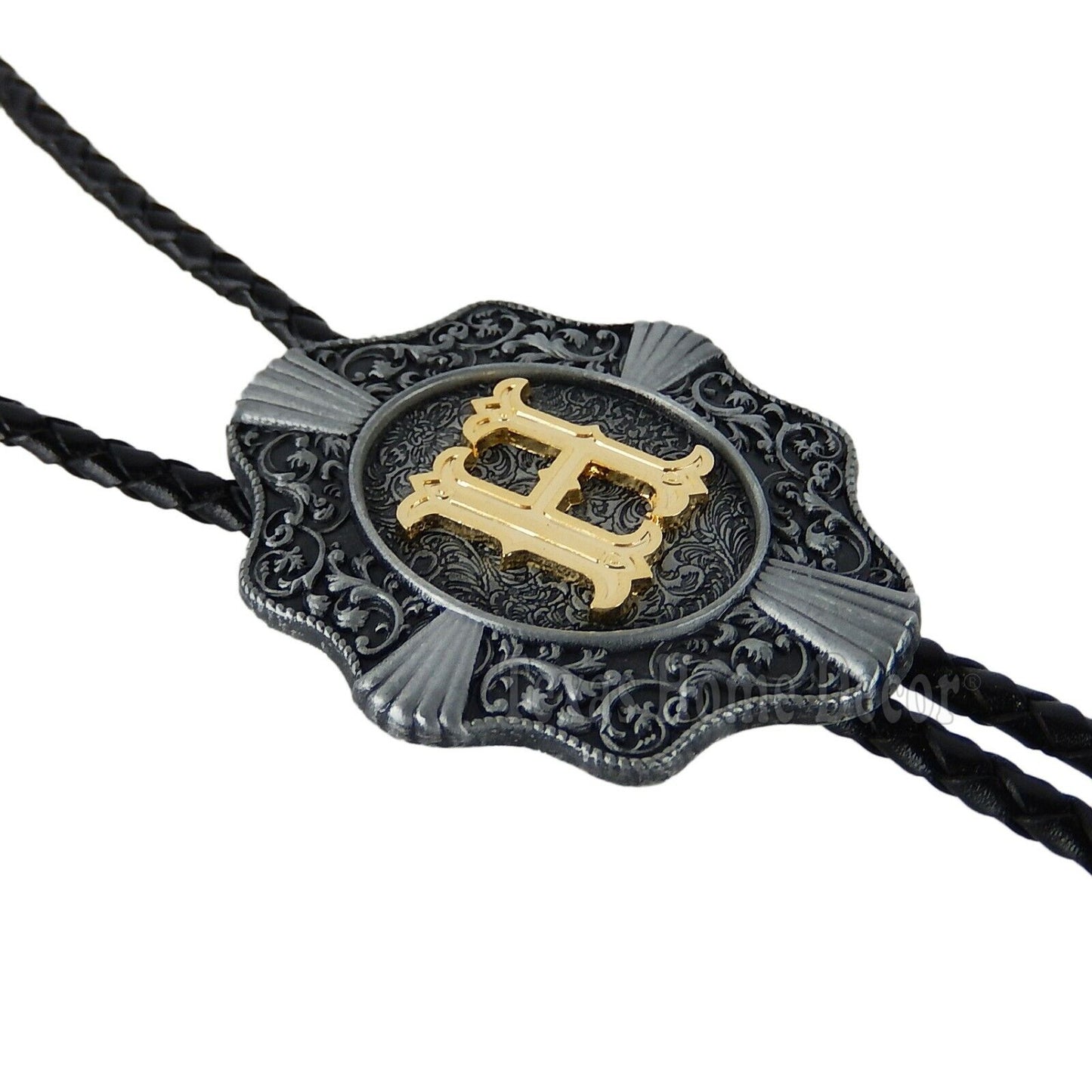 Initial Letter "H" Bolo Tie Western 38" Genuine Leather Cord Detailed Tips