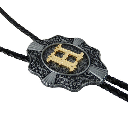 Initial Letter "H" Bolo Tie Western 38" Genuine Leather Cord Detailed Tips