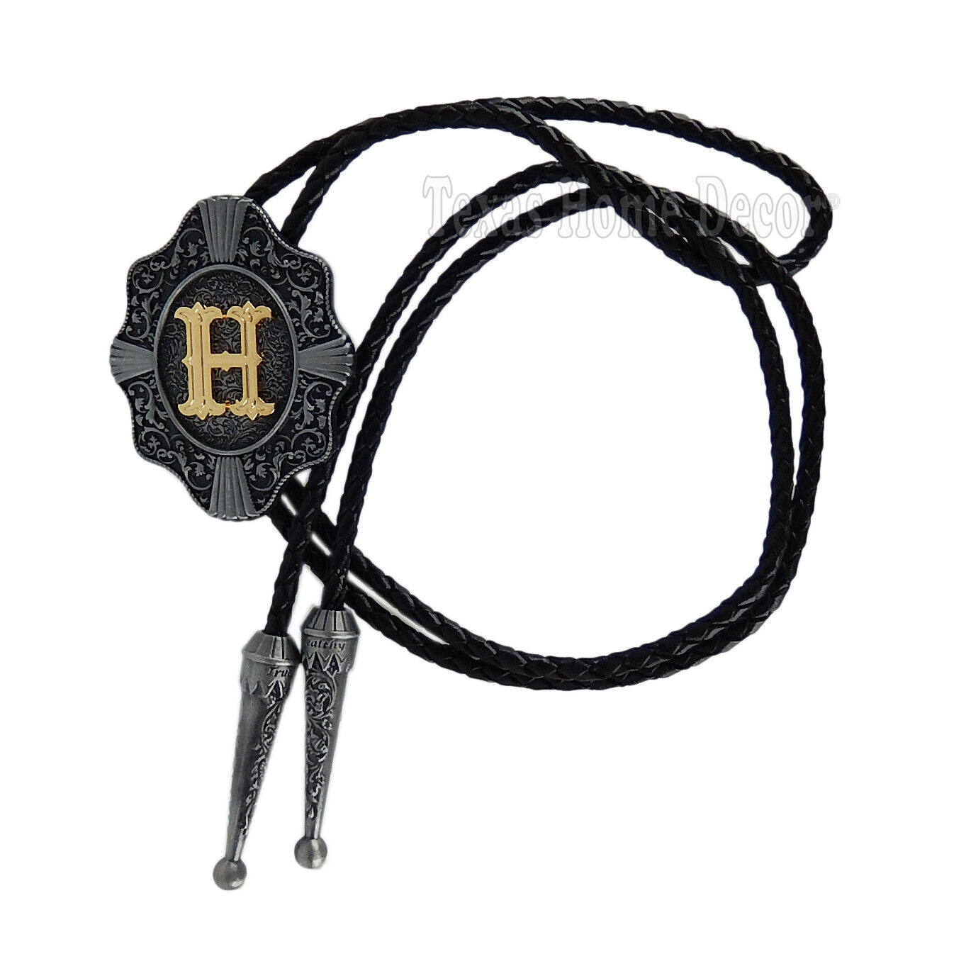 Initial Letter "H" Bolo Tie Western 38" Genuine Leather Cord Detailed Tips