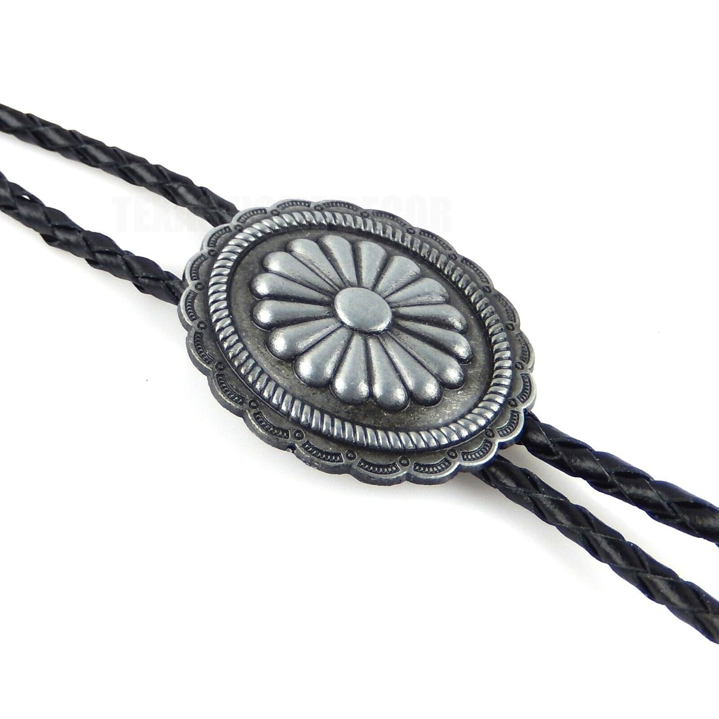 Oval Floral Scalloped  Concho Bolo Tie 40" Leather Cord Antique Silver Tone