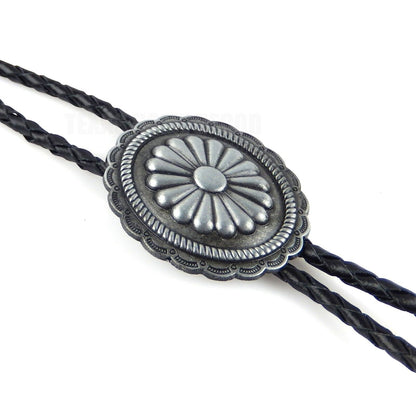 Oval Floral Scalloped  Concho Bolo Tie 40" Leather Cord Antique Silver Tone
