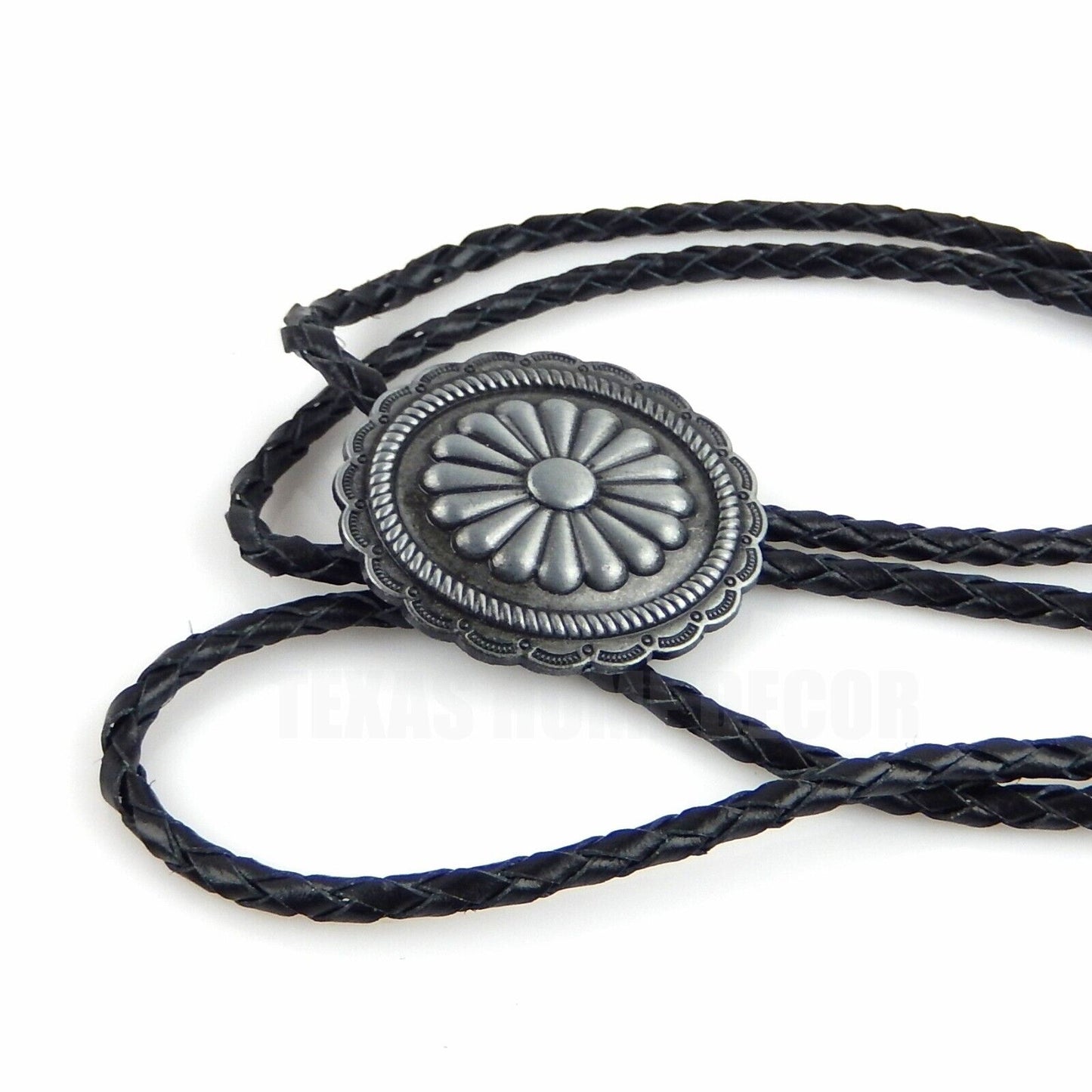 Oval Floral Scalloped  Concho Bolo Tie 40" Leather Cord Antique Silver Tone